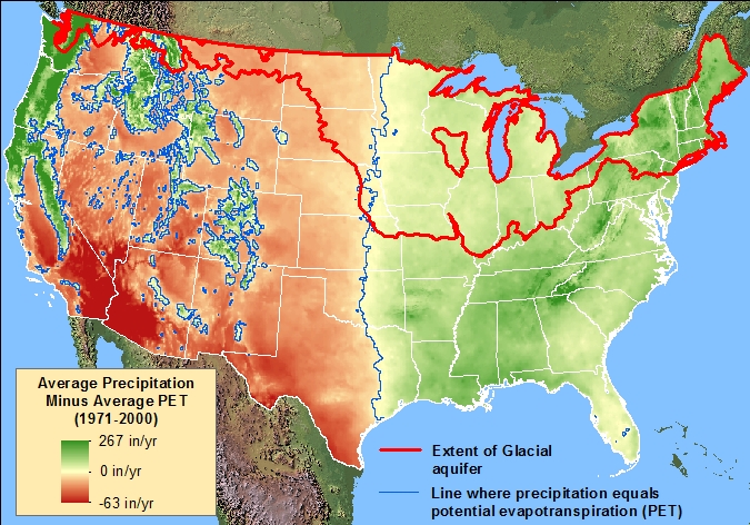  Map showing gridded values of 1971-2000 average precipitation minus average potential evapotranspiration (PET)  (precipitation and PET estimates from McCabe and Wolock, 2011).  The red line indicates zero, where average precipitation equals PET.  PET exceeds average precipitation in brown areas, and precipitation exceeds PET in green areas.