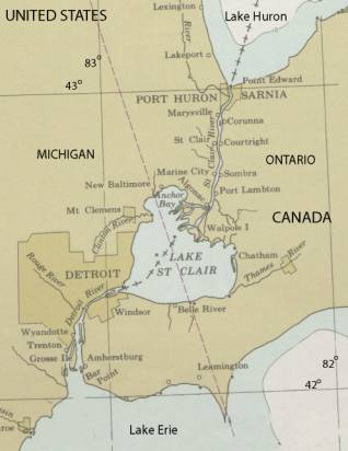 Figure 1. Study area showing Lake St. Clair in the Great Lakes Waterway. (Base map from NOAA Chart 14500, Great Lakes: Lake Champlain to Lake of the Woods, 2000 (ed.), 1:500,000.)
