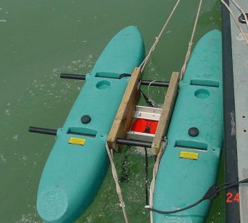 Figure 7. ADCP mounted between pontoons on raft.