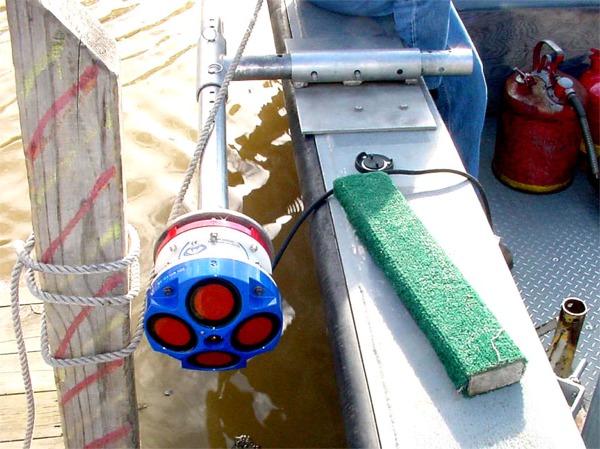 Picture showing ADCP on detachable swing mount used on the USACE survey vessel.