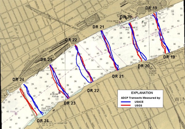 Image showing Detroit River reach where both USACE and USGS conducted ADCP surveys in July 2002.