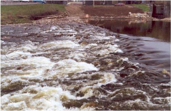 Photograph of the rock cofferdam from the east bank at
 Big Rapids