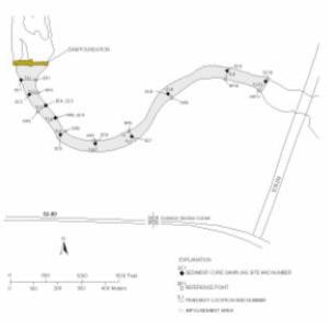 Data-collection sites and relevant features in the Plainwell Dam study area.