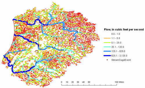 Map of aFINCH results showing estimated accumulated flow for streams in hydrologic subregion 0405 for October, 2003