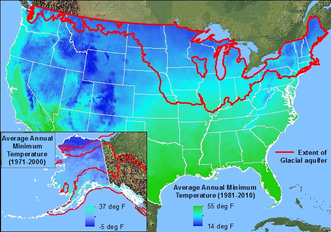 Map of annual average minimum temperature in the U.S. from 1981 to 2010. The data for laska is from 1971 to 2000. Temperature data are from the PRISM Climate group.