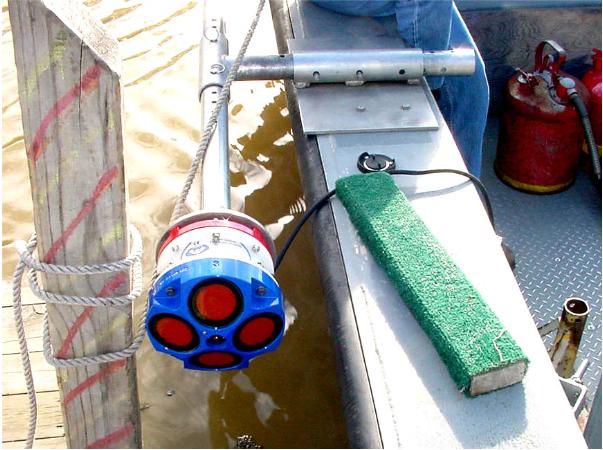Figure 3. ADCP on detachable swing mount used on the USACE survey vessel.