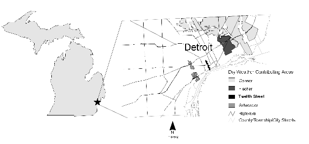Map showing location of Detroit, Michigan, and combined sewer sites monitored during this project.